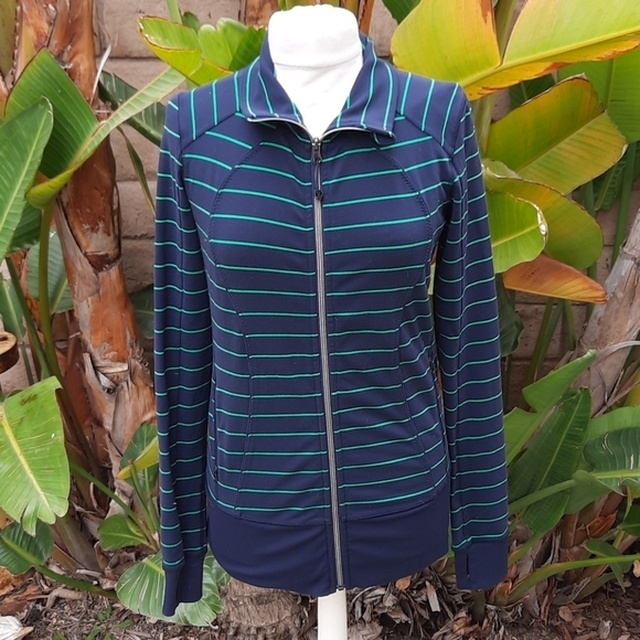 Lululemon Nice Asana Jacket slalom stripe inkwell navy green 8 - Picture 1 of 13